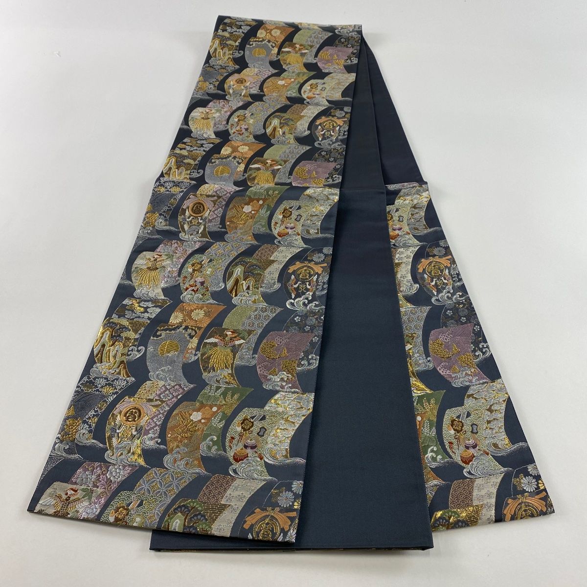 袋帯 美品 秀品 華文 天井文 箔 灰色 六通 正絹 【中古】