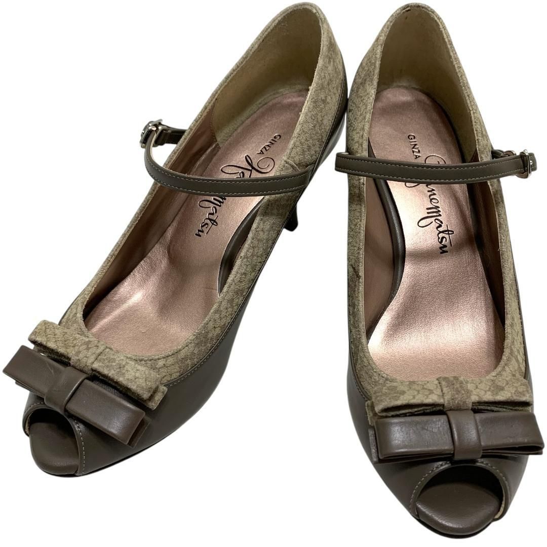 極美品】銀座かねまつ (21.5) パンプス ストラップ オープントゥ