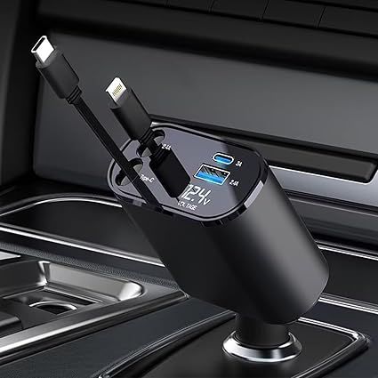 【在庫処分】Beautytrees 車 シガーソケット 充電器 USB 巻き取り式ケーブル2本 Type-C100W Lightning20W急速 カーチャージャー 対応iphone16/iPhone 15/14/13/12， Galaxy S22/S