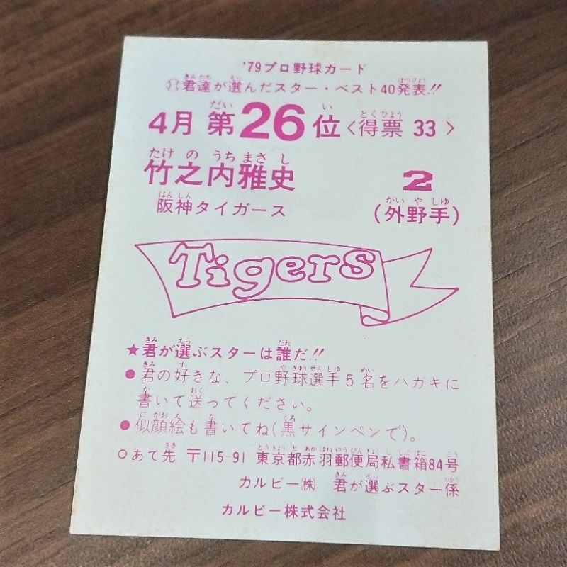 プロ野球カード 1979年 阪神タイガース 竹之内雅史 カルビー