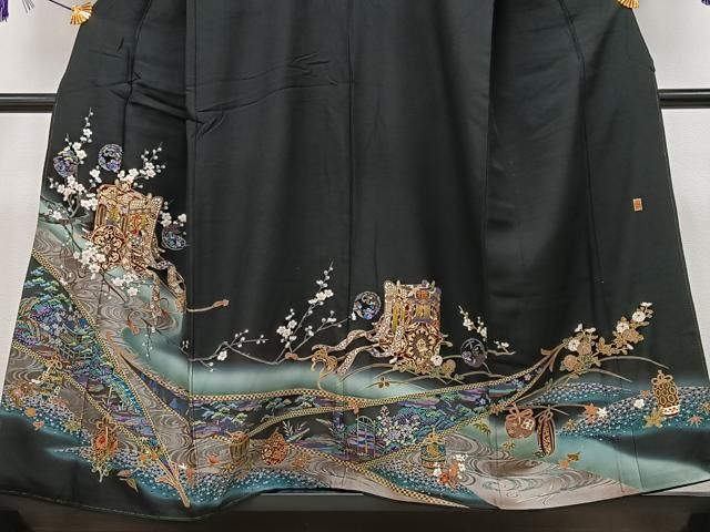 平和屋着物□豪華黒留袖 作家物 駒刺繍 御所車梅文 暈し染め