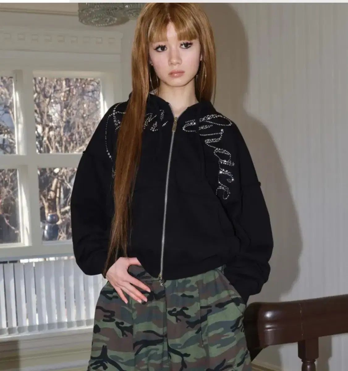 EXPIRED GIRL エクスパイアードガール ラインストーン ジップアップパーカー フード付き