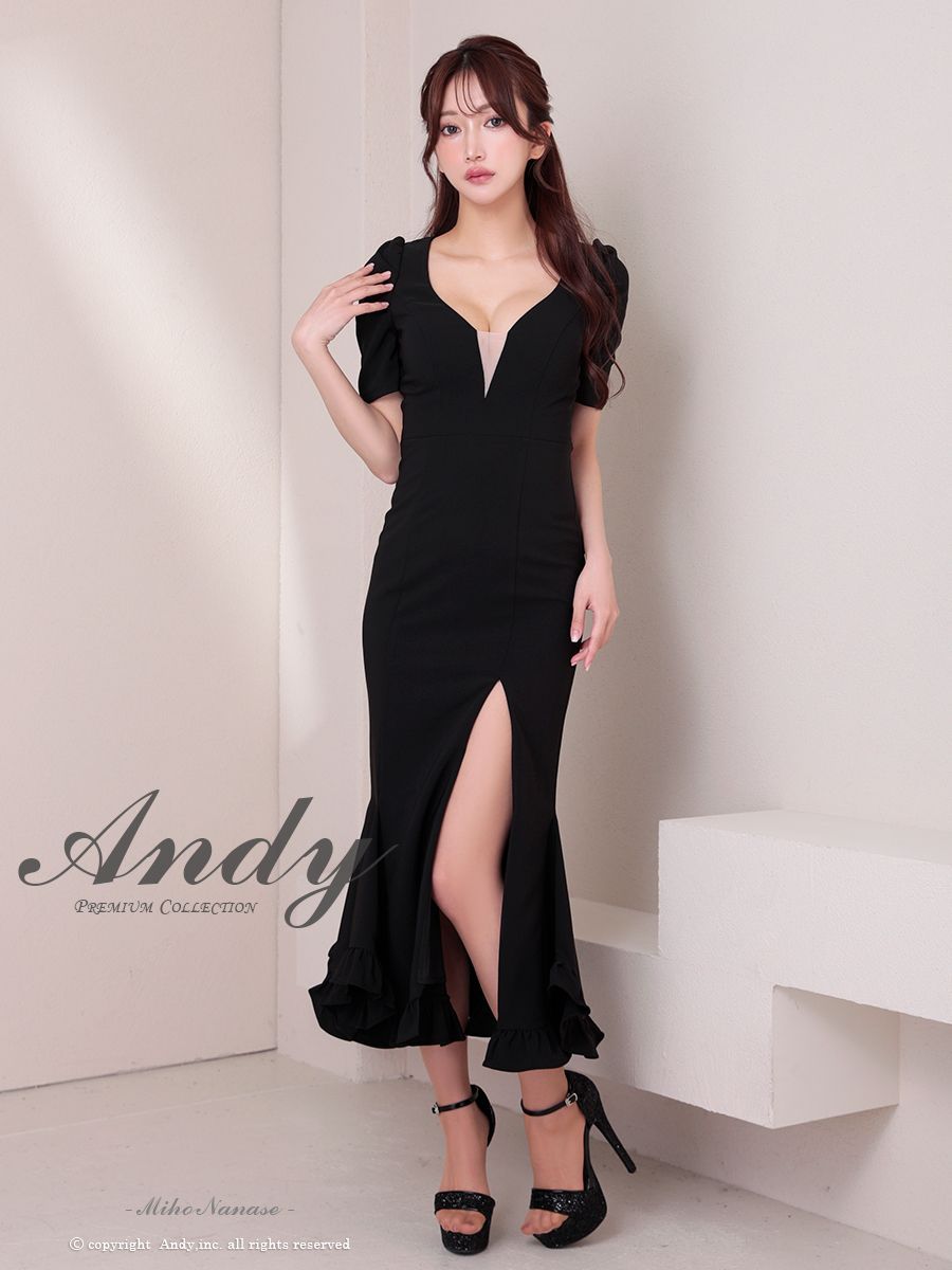ブラックM OF05 ON2918-W-2503 ANDY|アンディ パフスリーブ| 袖あり| バストシアー| 裾フリル| スリット| マーメイド| ミディアムドレス| キャバドレス