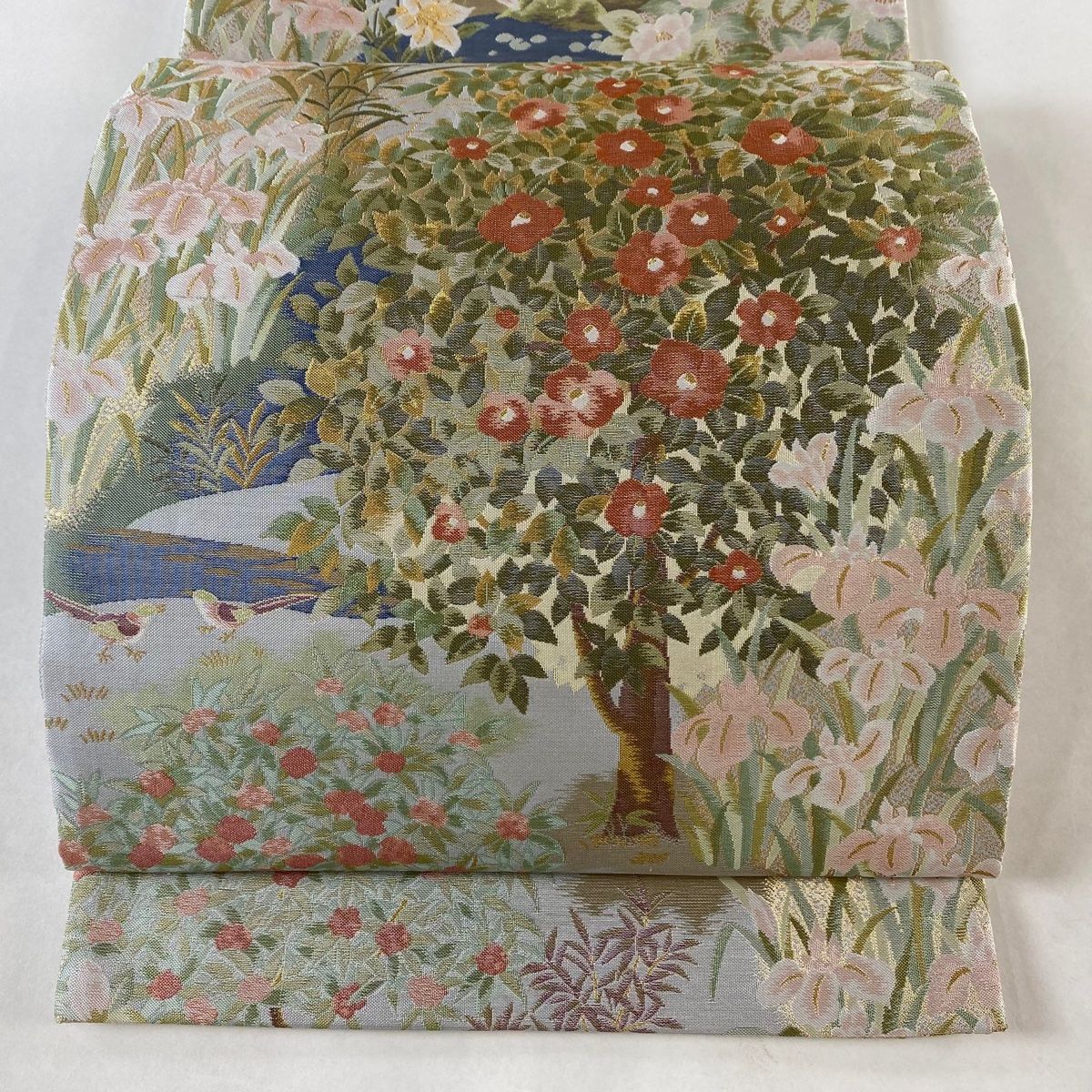 袋帯 秀品 草花 鳥 箔 青灰色 六通 正絹