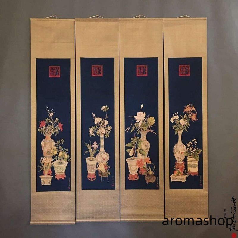 中国書画 掛軸 花 生花 4枚セット 絹使用 収蔵品 コレクション 鑑賞 中国美術品 巻物