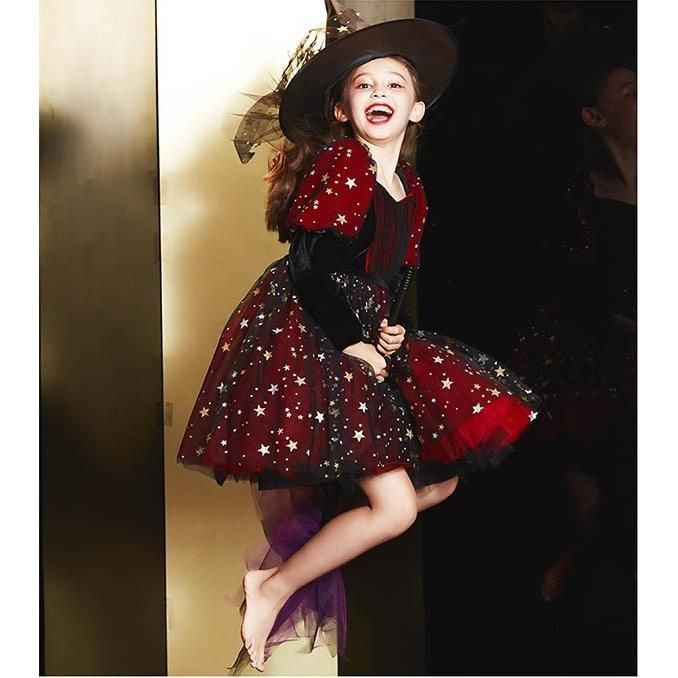 コスプレ 衣装 キッズ 子供服 ハロウィン 魔女 ウィッチ 女の子 ワンピース パフスリーブ 長袖 帽子 キラキラ スチューム パーティ仮装