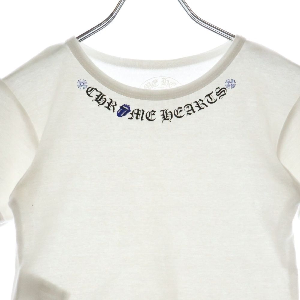 Chrome Hearts - CHROME HEARTS クロムハーツ Rolling Stones Lip&Tongue Neck Rogo S/S Te リップ&タン ネックロゴ ショートスリーブTシャツ クロップド丈 レディース ホワイト/ブルー CHROME HEARTS (クロムハーツ) Rolling Stones Lip&Tongue Neck