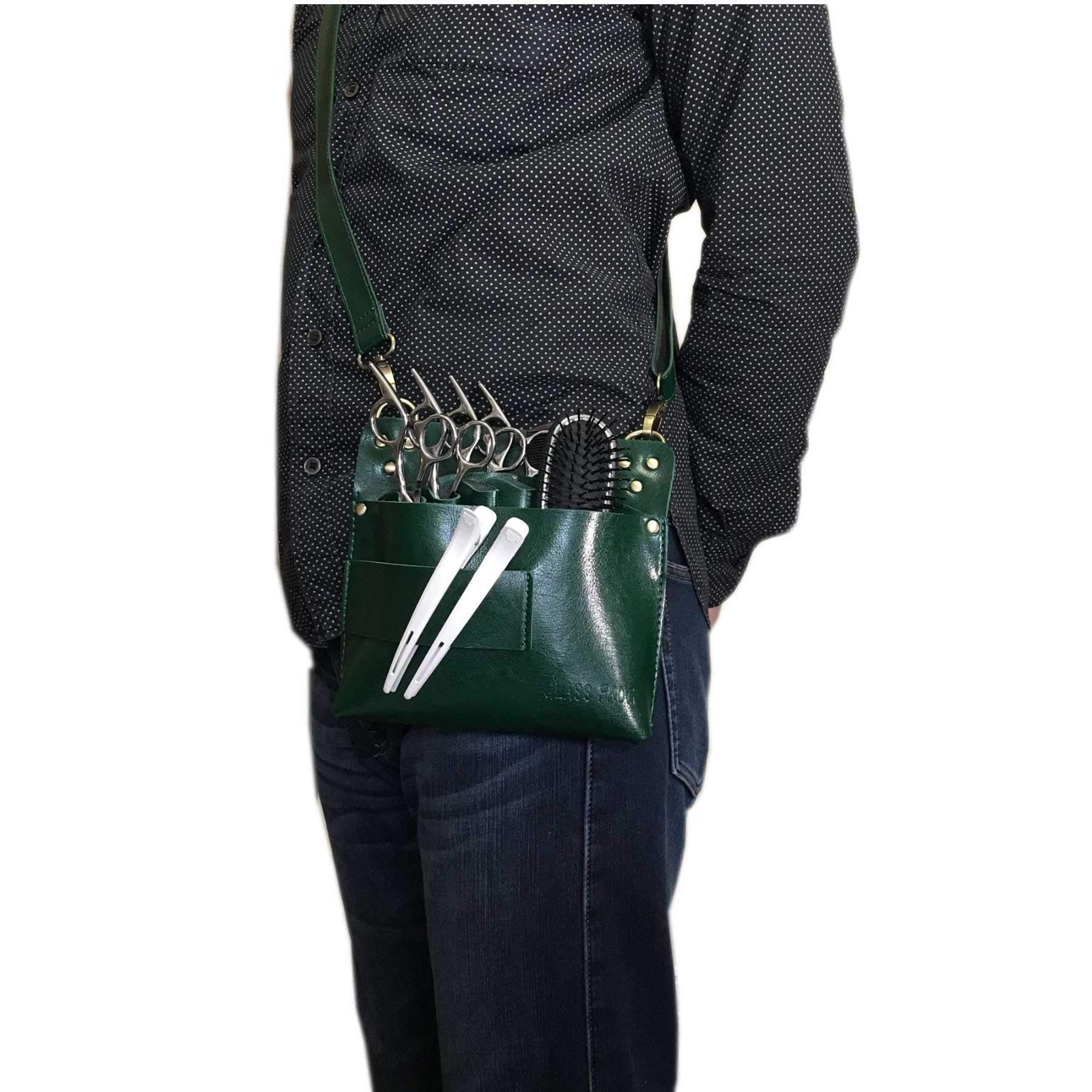 手染めオリーブグリーンの蓋付き大容量シザーケース 手染めオリーブグリーンの蓋付き大容量シザーケース 牛革シザーケース