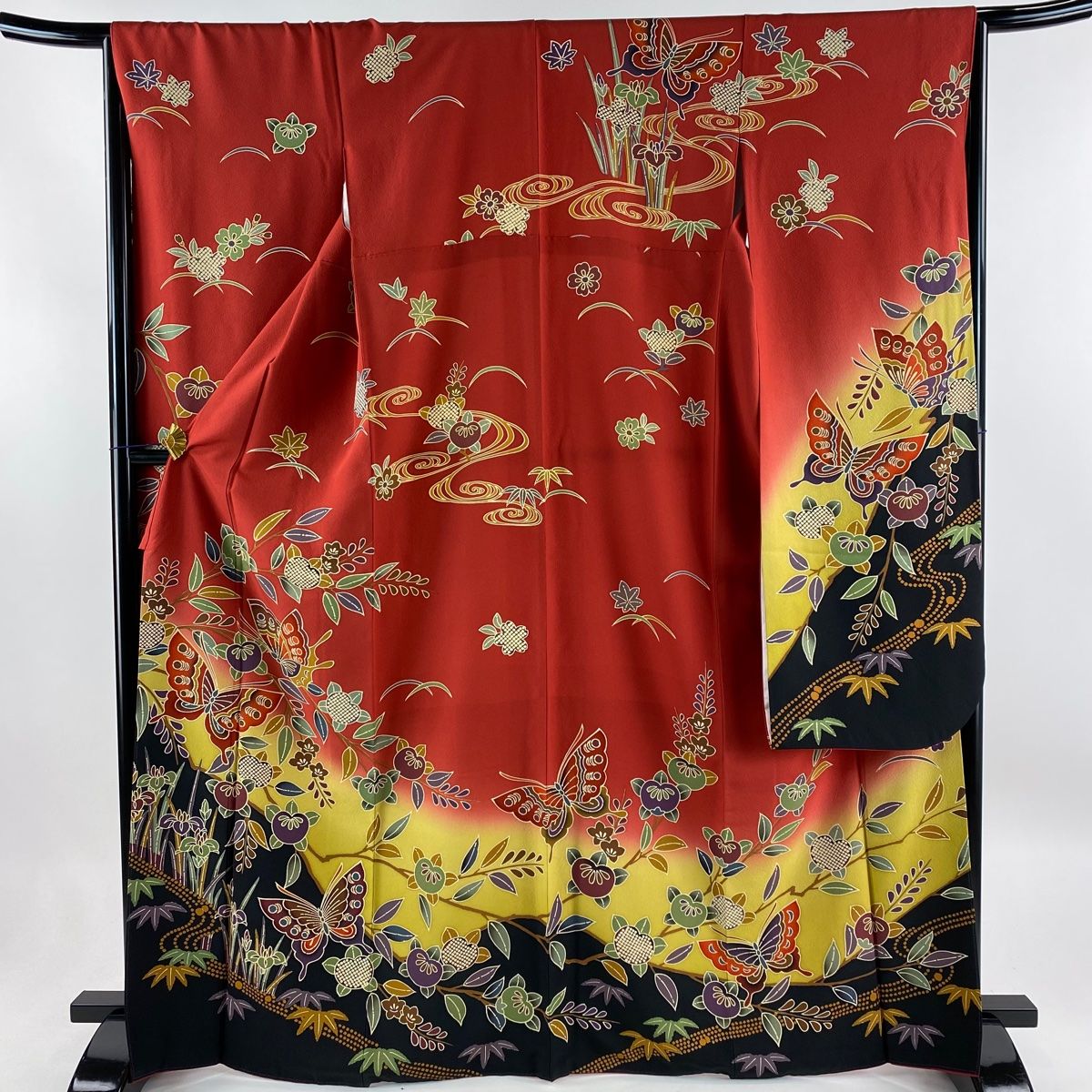 振袖 身丈167cm 裄丈66cm M 袷 蝶 橘花 染分け ぼかし 赤 正絹 美 