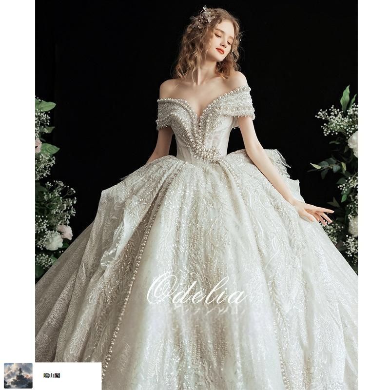 送料無料 2025 ロイヤルスタイル 一字肩ロングトレーン ウェディングドレス 感×重工ディテール 気品溢れる花嫁へ-8.13LYC680夏の新生活