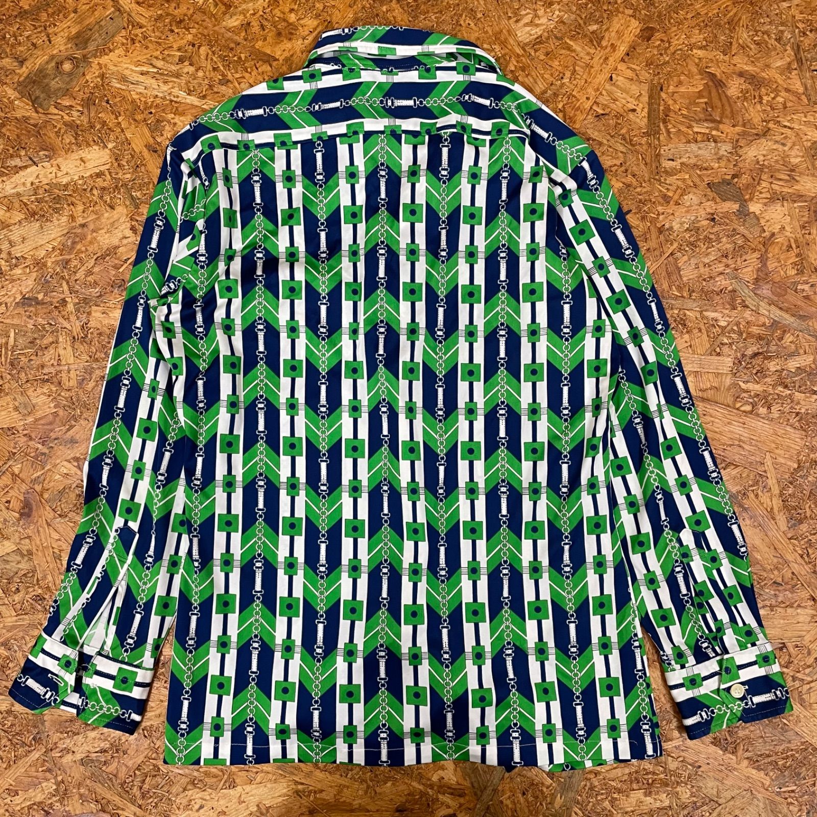 70s 昭和レトロ GB Royal 総柄 長袖 オープンカラーシャツ M メンズ  