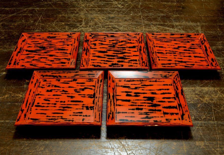 蔵A5194a 輪島塗 洗朱研出 懐石膳 根来角盆 会席十客