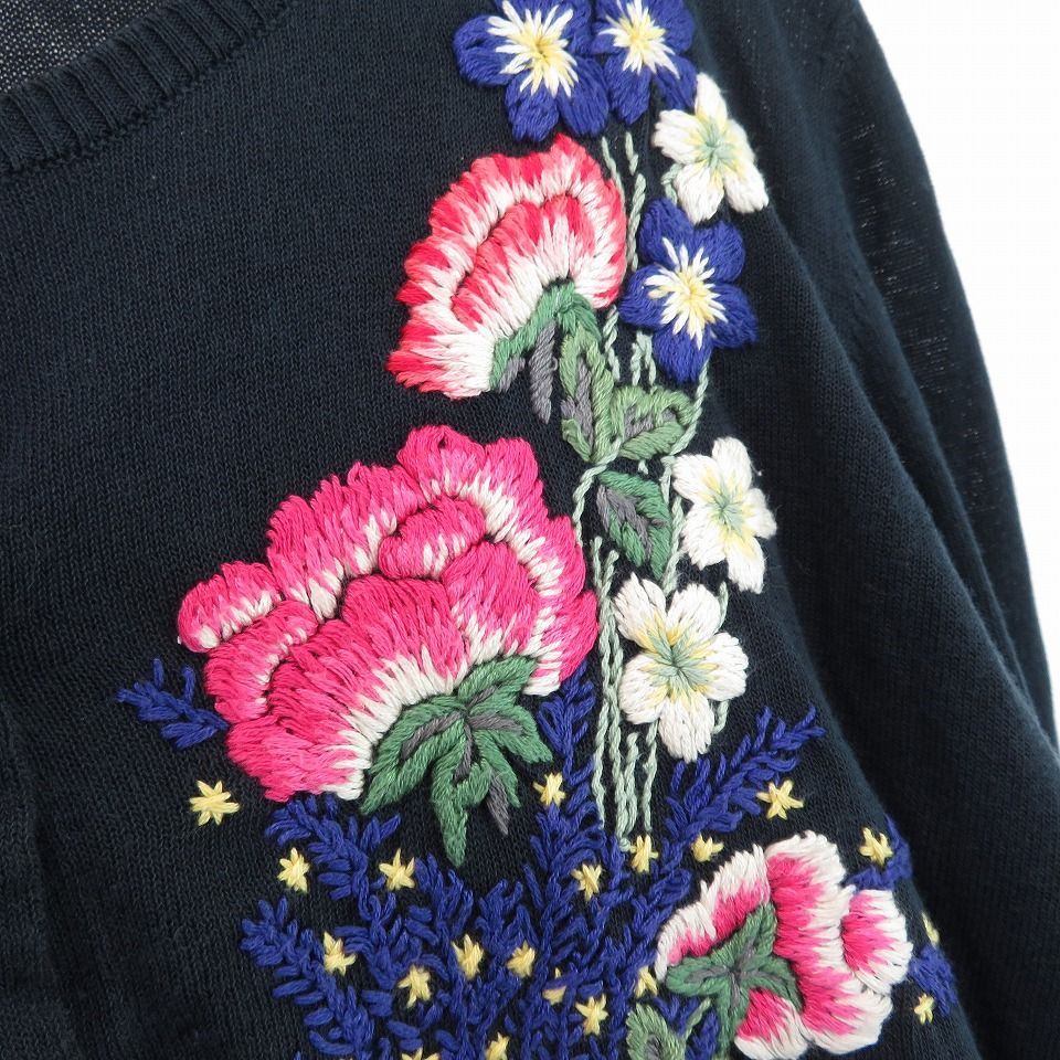 ケイタマルヤマ KEITAMARUYAMA 刺繍 花柄 カーディガン ネイビー