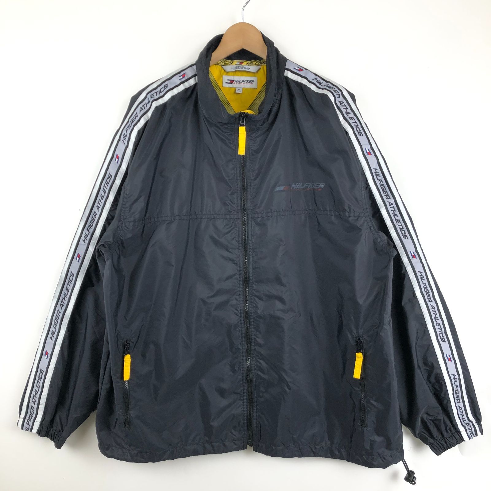 90s トミーヒルフィガー TOMMY HILFIGER ナイロンジャケット 袖ライン ブラック XL 古着 n044723