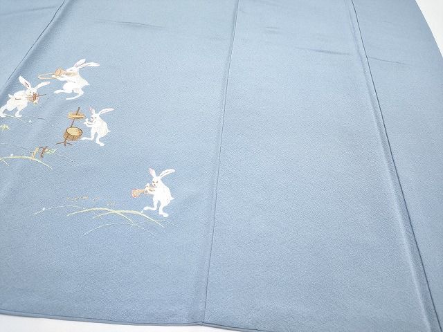 平和屋本店□極上 訪問着 総刺繍 兎 演奏 金糸 勿忘草色地 逸品