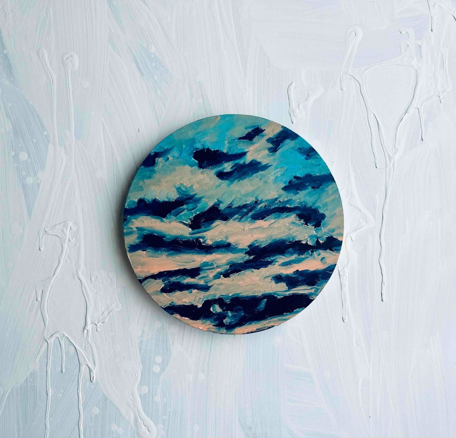 直径30㎝「画家の家の上空1」油彩・絵画・原画・丸形・アートパネル -