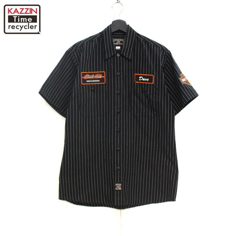 00s HARLEY DAVIDSON ストライプ柄 ワーク Black Hills 半袖シャツ 