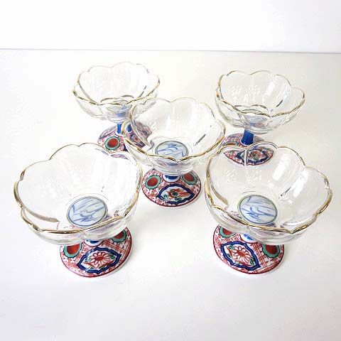三洋陶器 龍峰窯 つみき 赤絵花鳥 ガラスデザートカップ 鉢揃 高台小鉢