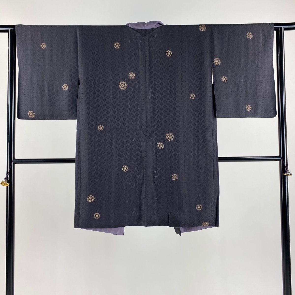 羽織 身丈99cm 裄丈63cm S 草花 丸文 黒灰 正絹