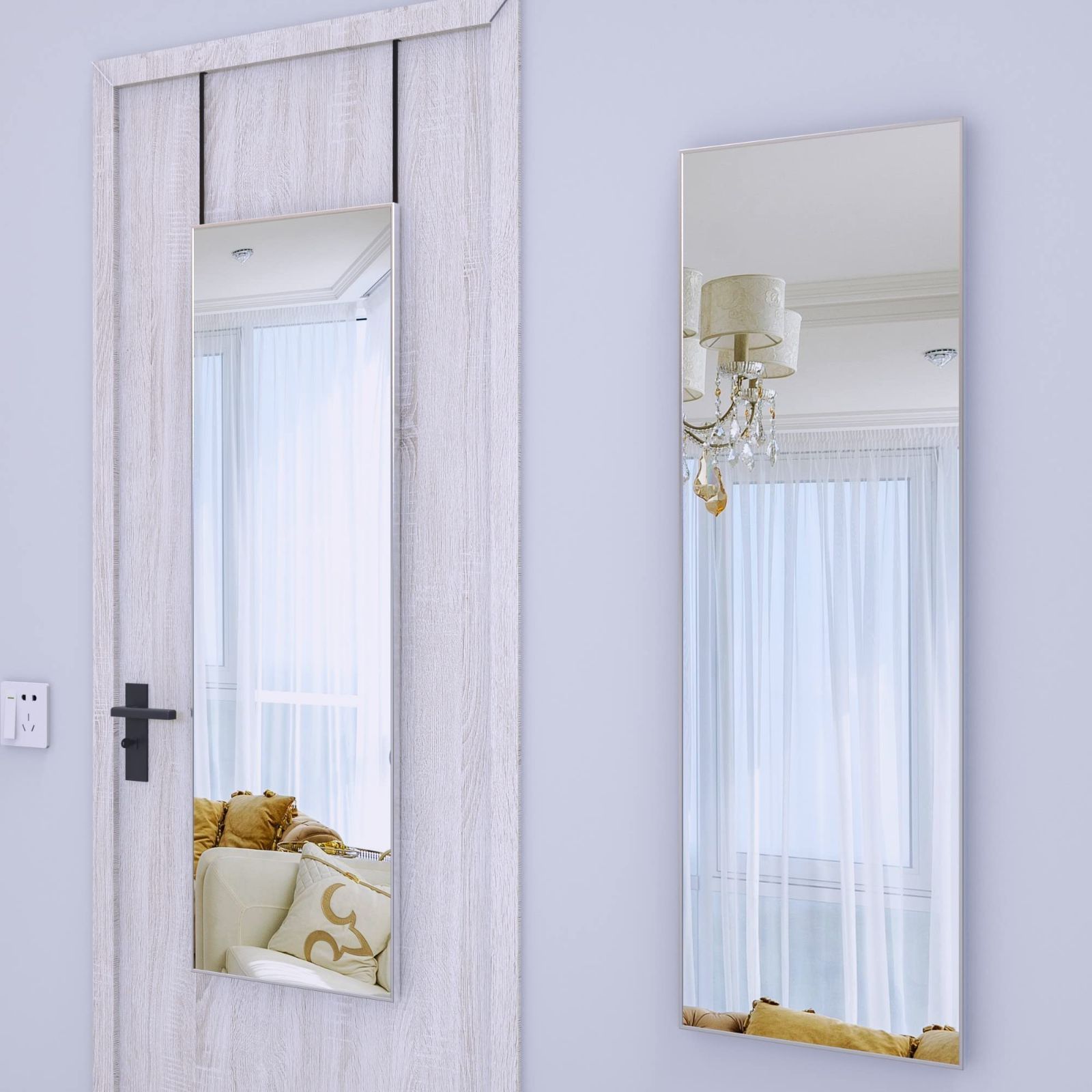 【新着商品】つのホックが付いている壁に取り付けられた/掛かるミラー、居間か寝室のためのアルミ合金のいフレーム ミラー（106x35CM、銀） 2 ドアミラーの全長、大きい壁ミラー、調節可能な ANYHI