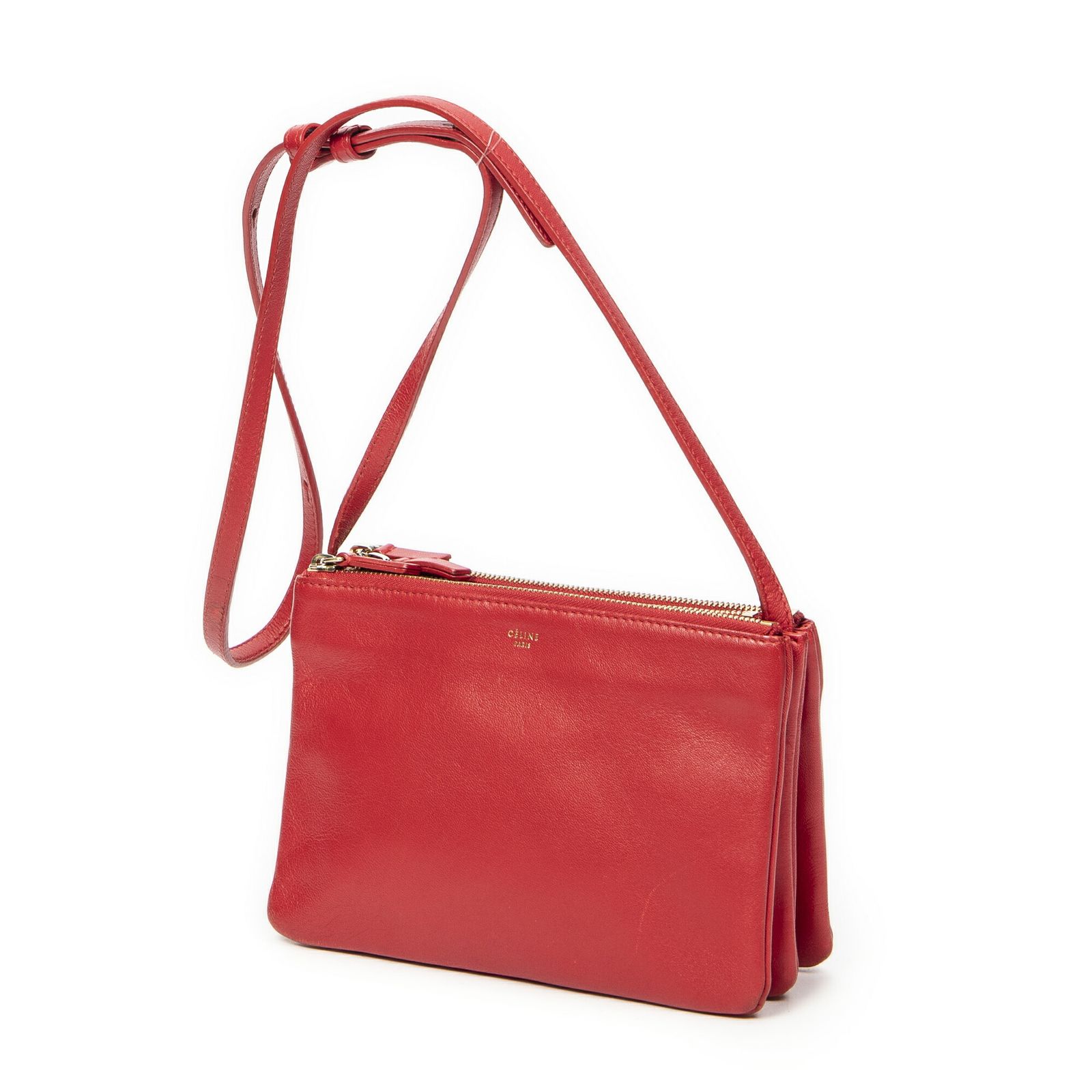 CELINE セリーヌ小トリオクロスボディ赤カーフスキンレザーAB