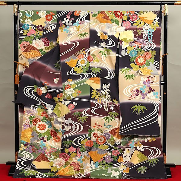 ■E4124■美品■紅海老茶色　花尽くし　京友禅　袷　振袖　丈166 裄68 □E4124□美品□紅海老茶色 花尽くし 京友禅 袷 振袖 丈