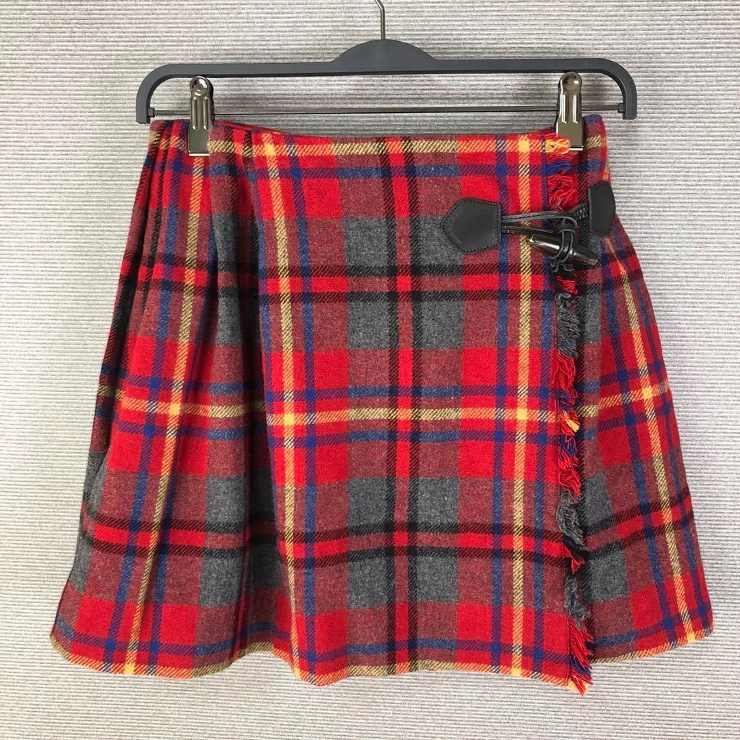 BURBERRY BLUE LABEL ウール チェック レザー ベルト トグル スカート ナイロン 三陽商会 牛革 バーバリーブルーレーベル
