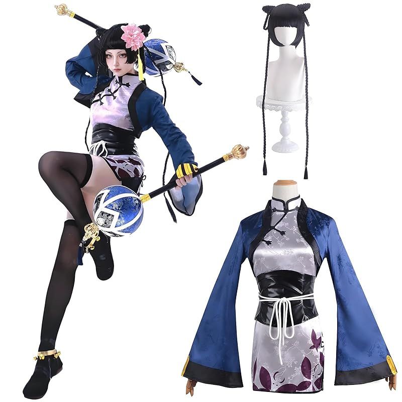 在庫 神併 藍猫 コスプレ ウィッグ付き チャイナドレス 黒執事 衣装 大人用 仮装 文化祭 イベント コスチューム ステージ服 Ran mao cosplay 藍猫 ウィッグ付き S 0