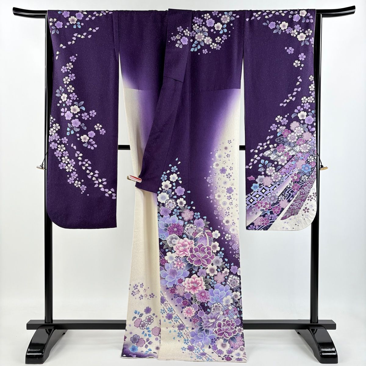 振袖 身丈171.5cm 裄丈68cm L 袷 草花 手鞠 銀通し 銀彩 紫 正絹