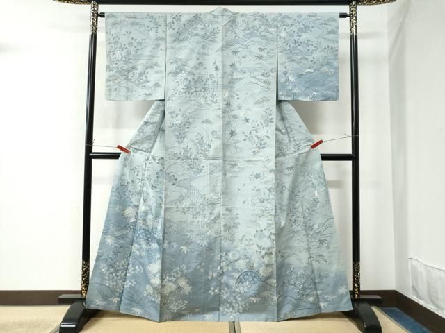 平和屋着物▽訪問着　単衣　紬地　風景草木文　正絹　逸品　AAAV2681fy 平和屋着物▽訪問着 単衣 紬地 風景草木文 正絹 逸品 AAAV2681fy