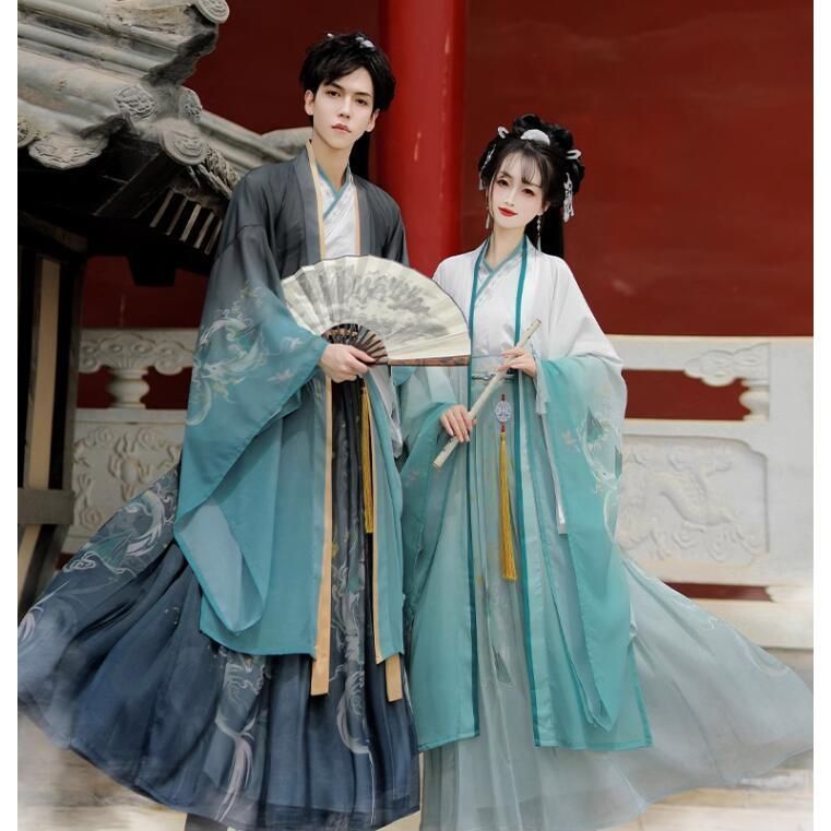 チャイナ服 上下3点セット メンズ レディース 大人 ペアルック グラデーション 白緑 黒緑 漢服＆唐装 華流コスプレ衣装 中国古代服装 ハロ CS00913BJ