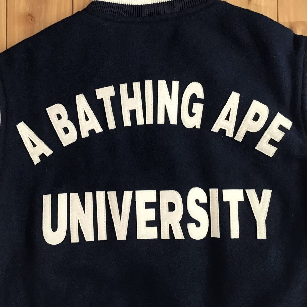 袖レザー BAPE LOGO スタジャン ネイビー Sサイズ a bathing ape ...