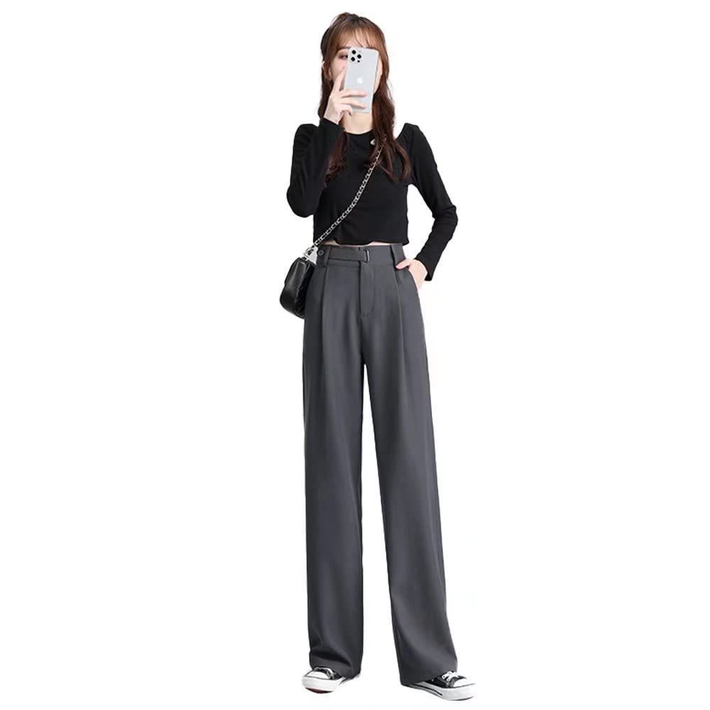 ダークグレー_XS [ＣＣＩＩＮＥ] ハイウエスト ワイドパンツ ストレートパンツ レディース スラックス 春 夏 秋 大きいサイズ ウエストゴム 美脚 シンプル かわいい グレー XS