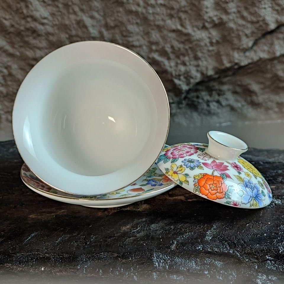 万花琺瑯彩三才蓋碗 中国茶器 景徳? 蓋付き茶器 飲茶食器 煎茶具 未