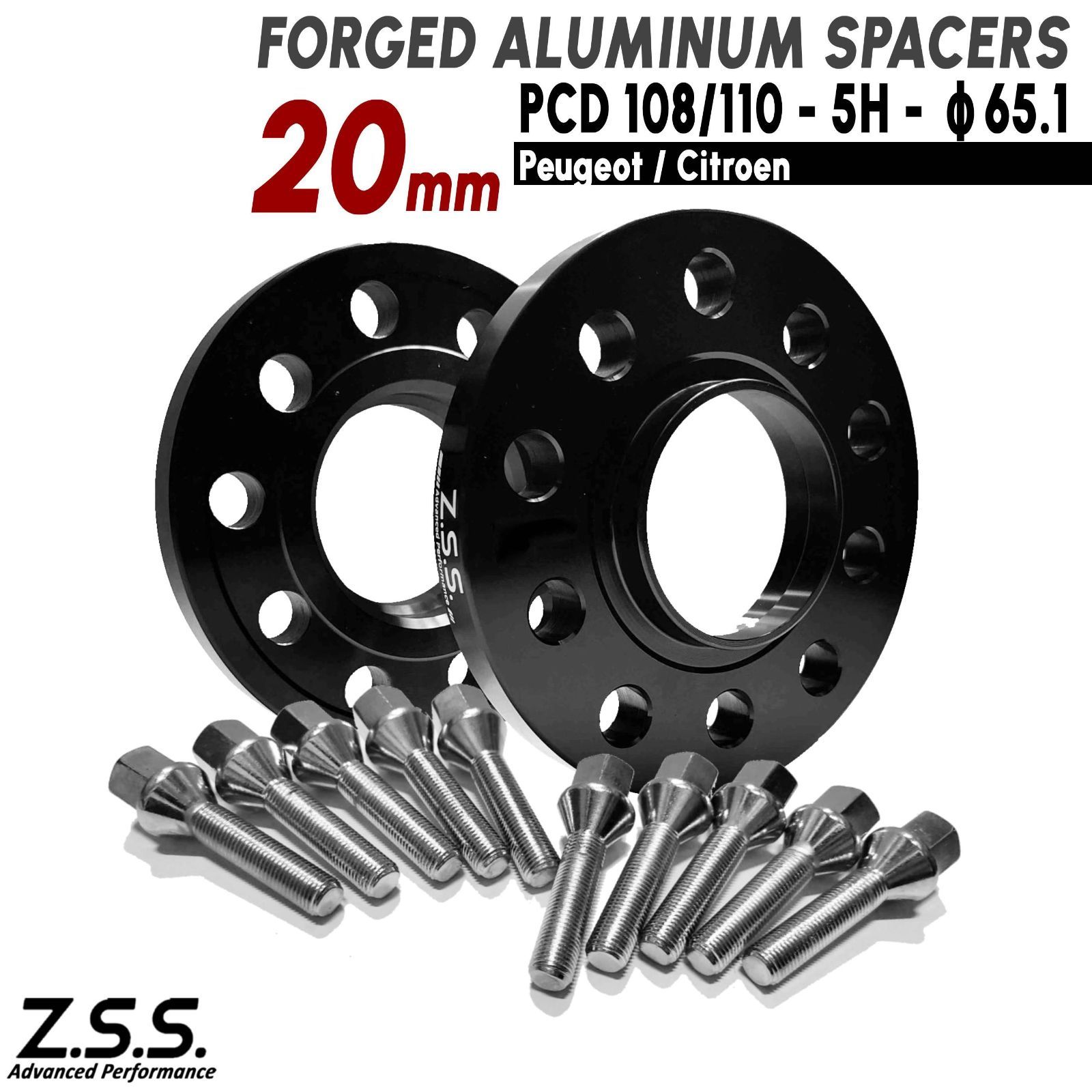 Z.S.S. AP Citroen シトロエン 3008 508 508SW 308 308SW 407 RCZ 5008 厚み20mm スペーサー 5x108 5x110 65.1φ M12xP1.25 ボルト付き 