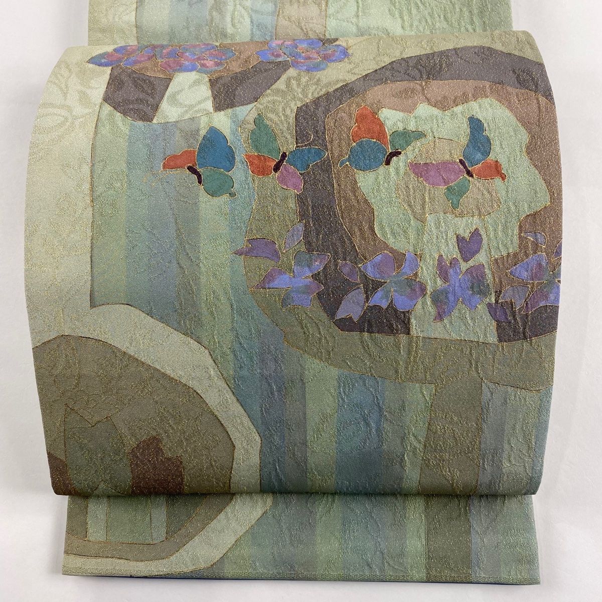 袋帯 秀品 落款 関西仕立て 蝶々 花 金糸 金彩 灰緑 お太鼓柄 正絹