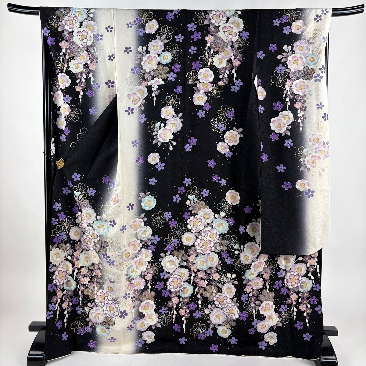 振袖 身丈171.5cm 裄丈67.5cm L 袷 桜 銀通し 金銀彩 黒 正絹