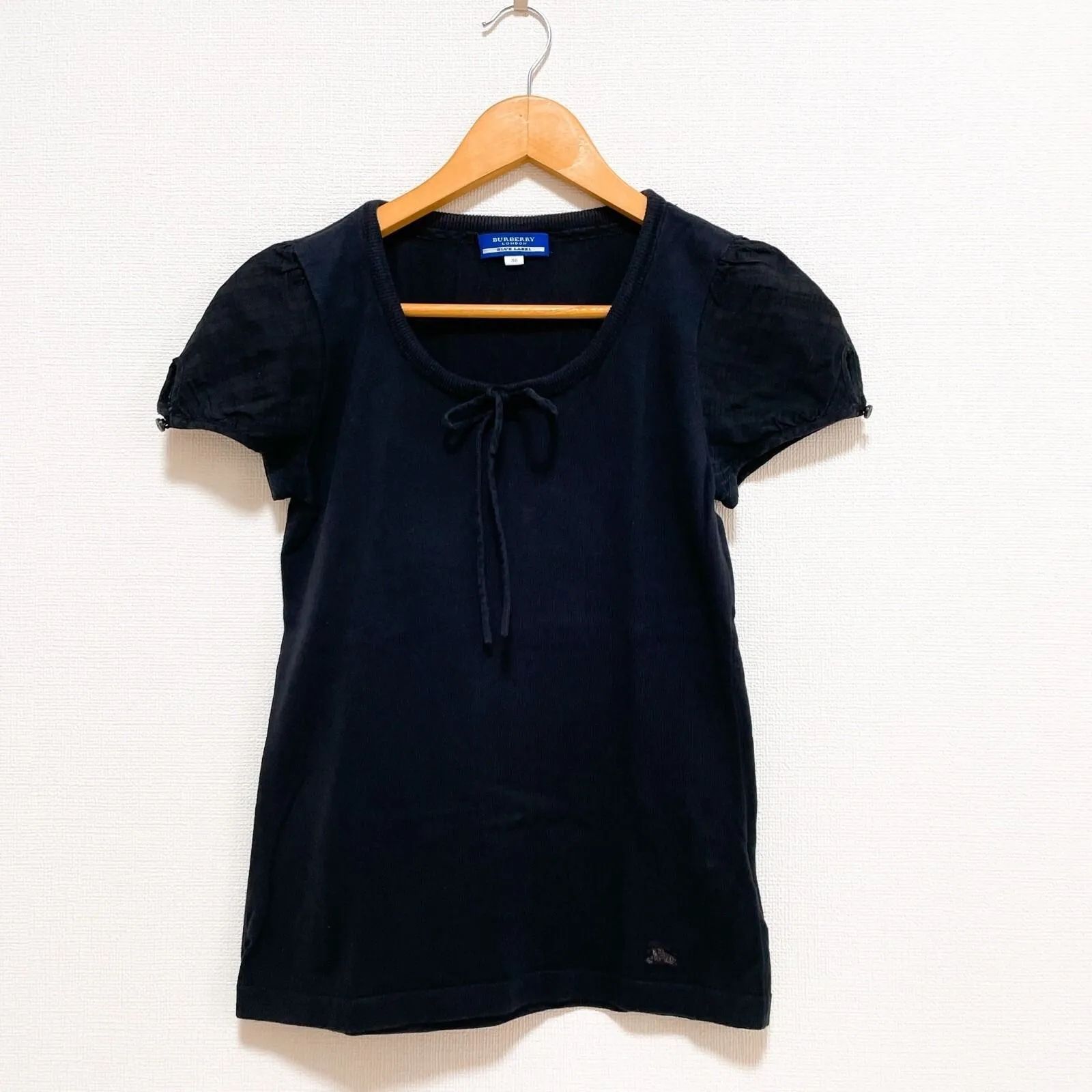 バーバリーブルーレーベル 未使用 リボン袖カットソー ホースロゴ刺繍 38 紺 BURBERRY BLUE LABEL バーバリーブルーレーベル ホースロゴ刺繍