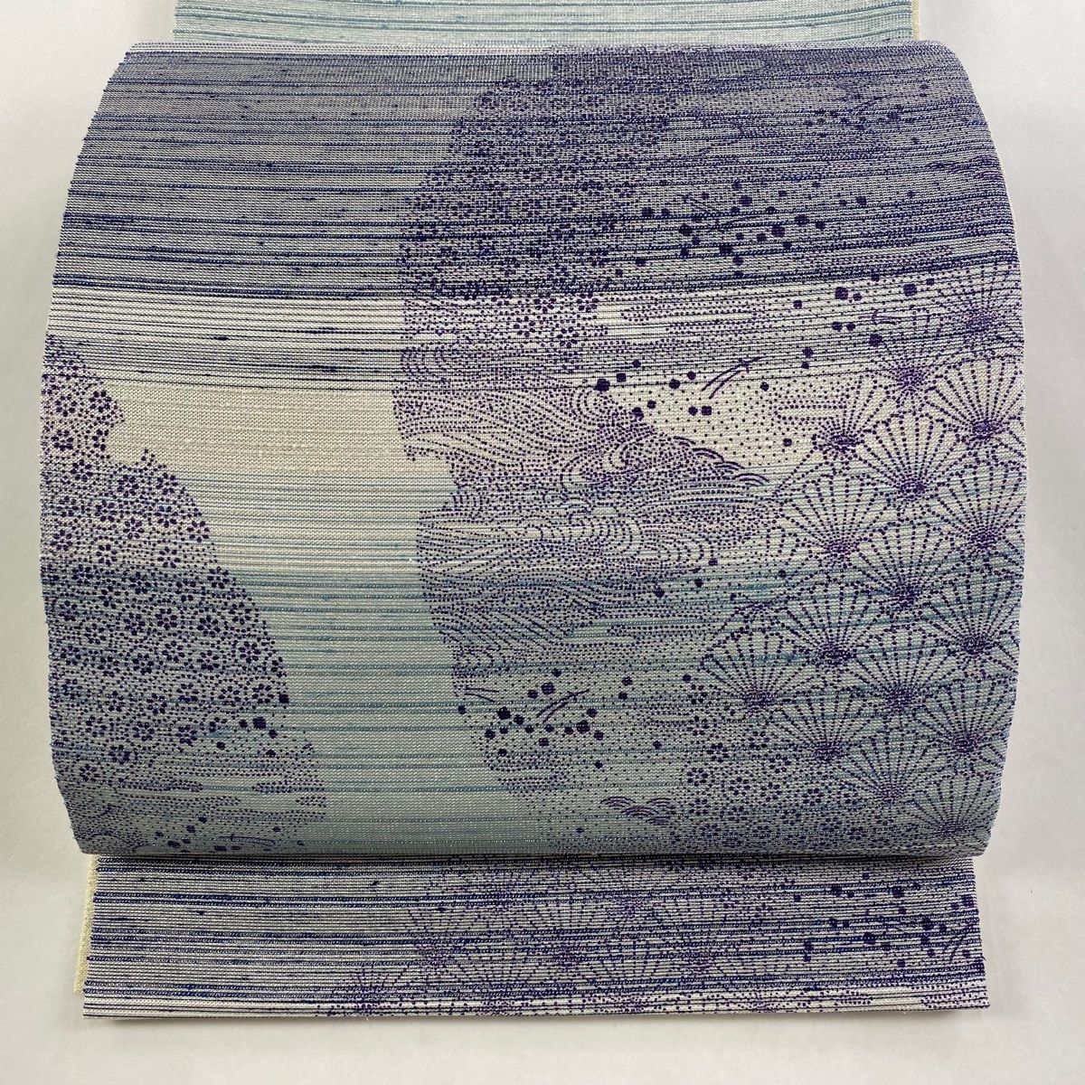 袋帯 リバーシブル 雪輪 菊青海波 箔 銀糸 青灰色 お太鼓柄 正絹