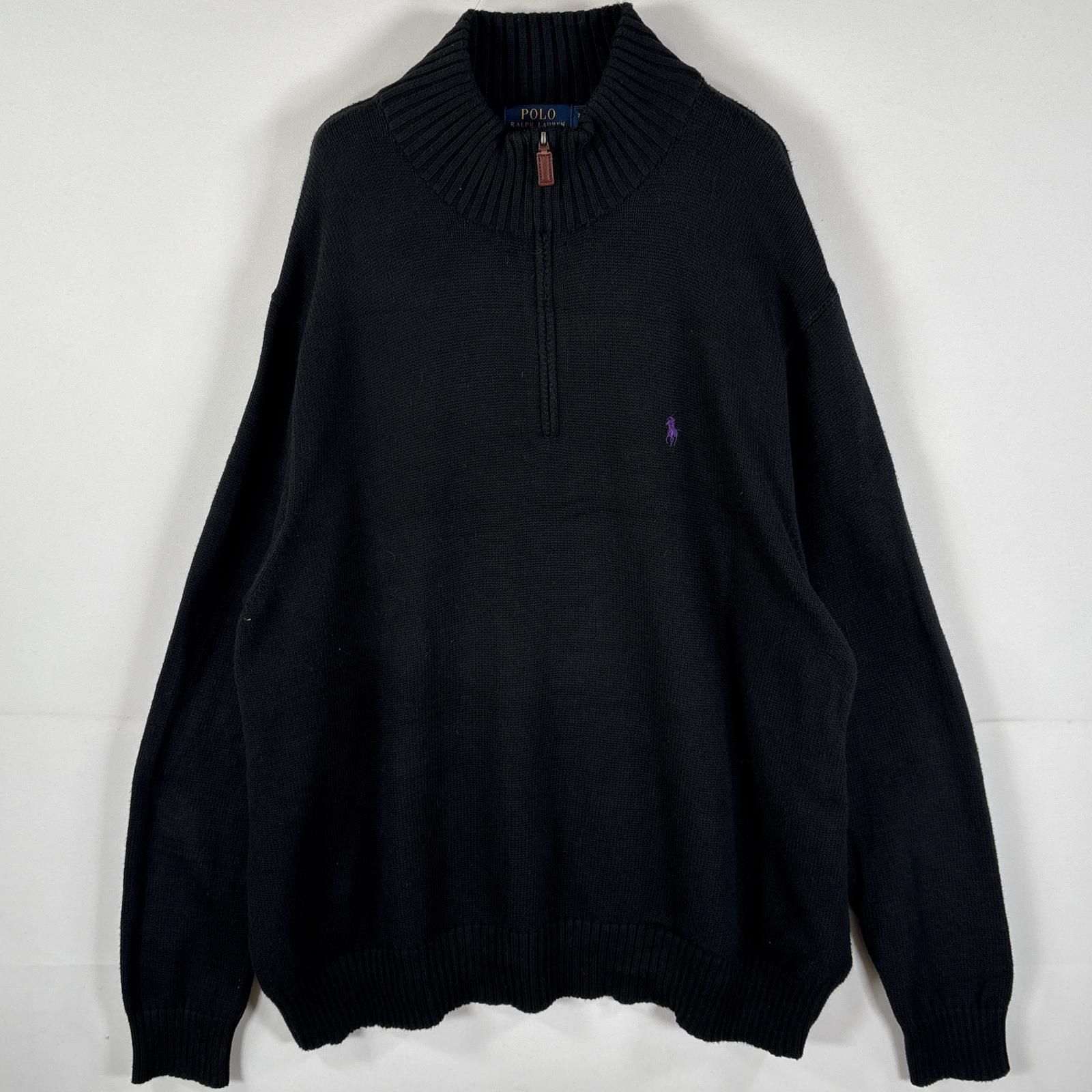 古着 ポロ・ラルフローレン POLO RALPH LAUREN コットンニット ハーフジップ ビッグサイズ ワンポイントロゴ 2XB BIG  ブラック メンズ