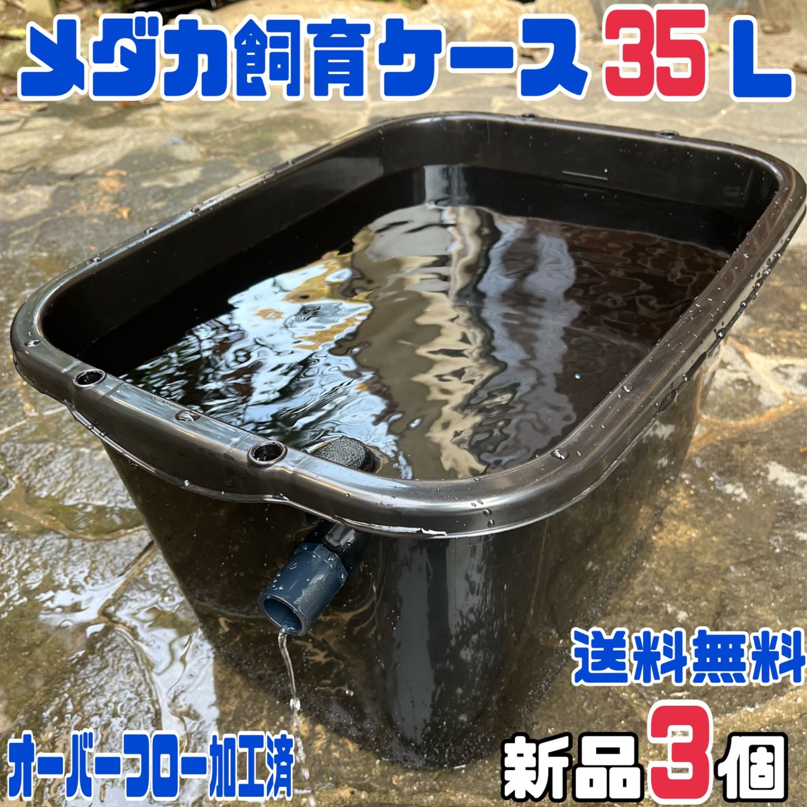 ☆メダカ飼育ケース3個 黒３５L オーバーフロー加工☆めだか容器タライ