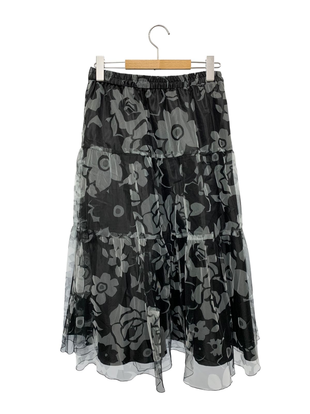 エムズグレイシー 517125 スカート 38 ブラック フラワープリント チュール IT6J5JGTFSBS