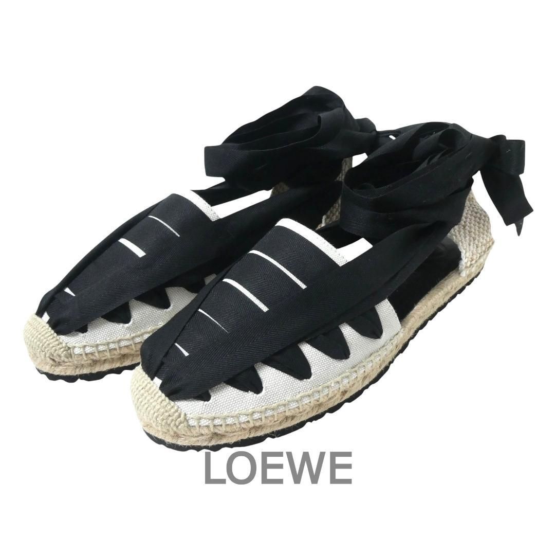 未使用 LOEWE ロエベ エスパドリーユ サンダル スリッポン リボン キャンバス ベージュ×ブラック サイズ42 約27.5cm メンズ 26,600円