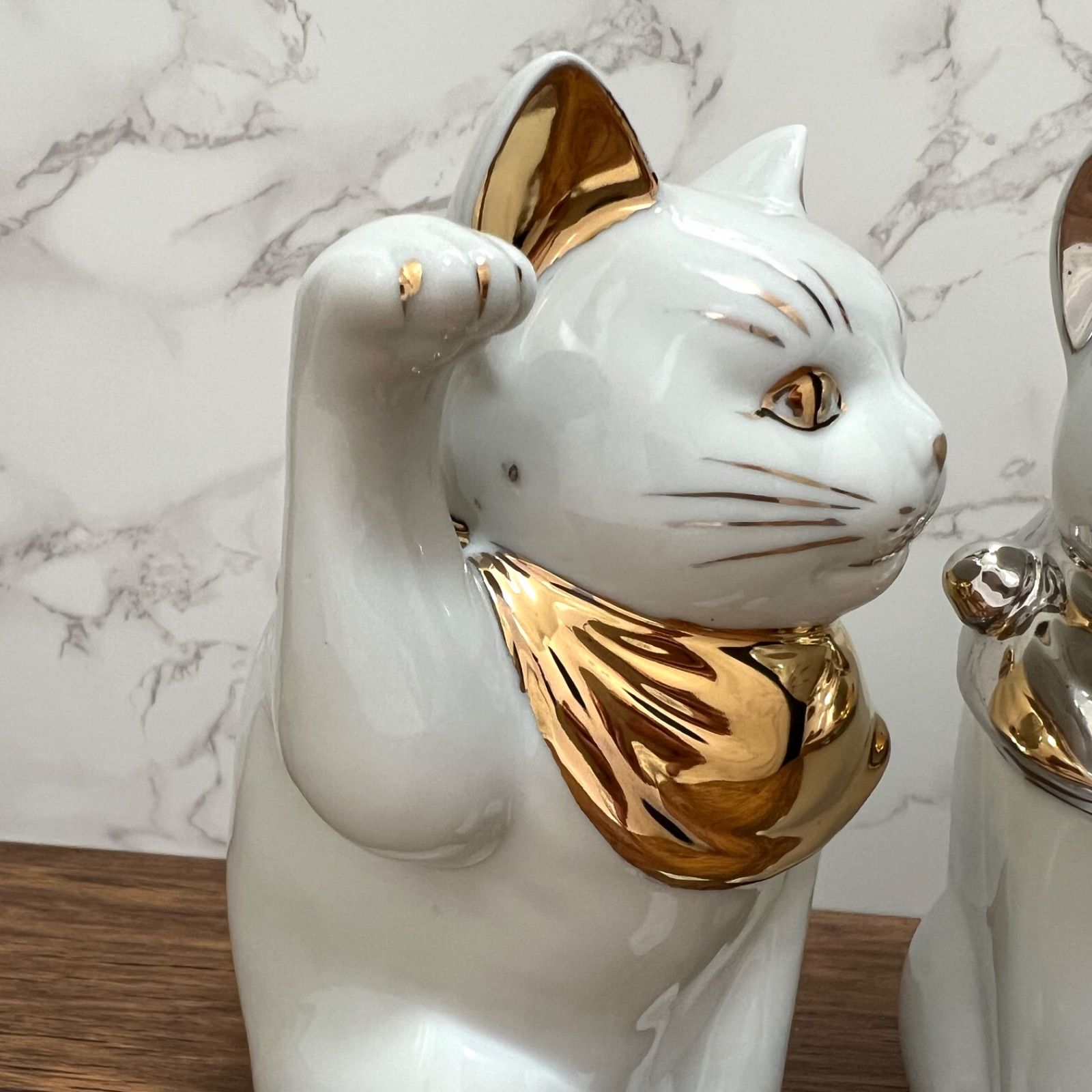 瀬戸焼】招き猫 江戸猫 金 プラチナ 左右 セット 18cm 縁起物 置物 金