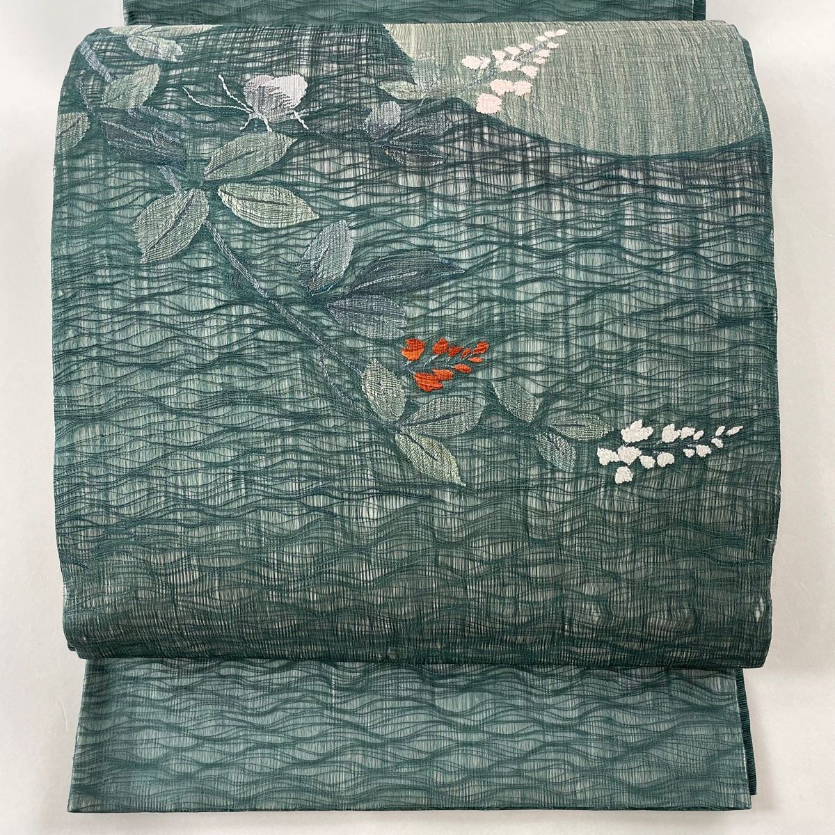 袋帯 秀品 夏帯 萩 刺繍 金糸 深緑 お太鼓柄 正絹