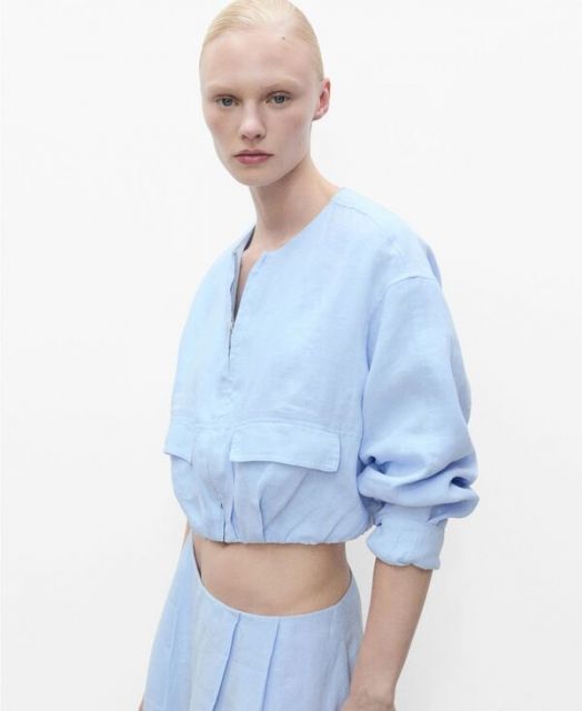 【送料無料】 マンゴ レディース ジャケット・ブルゾン アウター Women's Pocketed Cropped Linen Jacket Sky Blue