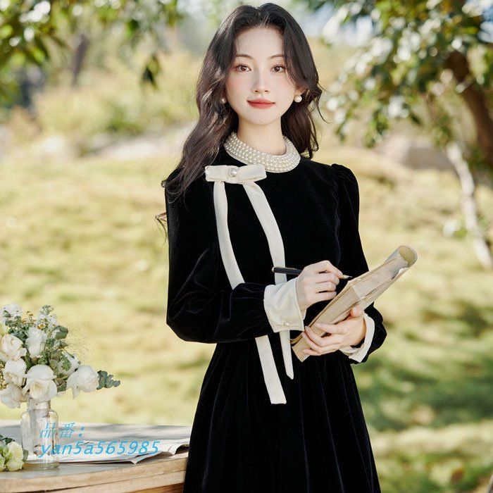 ネックパールビジュー ベロア仕立て 長袖ロングフ ワンピース 黒 カジュアル かわいい ファッション レディース 韓国 yan5a565985