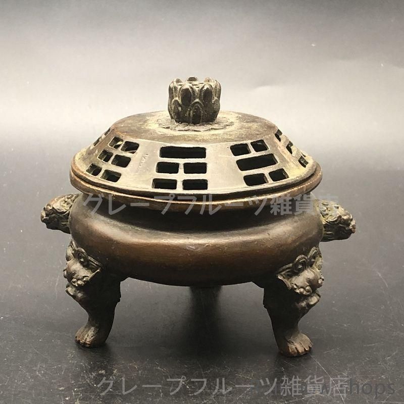 香炉 銅器 蓮花弔炉 香薫炉 茶道具 極細工 工芸品 美術品 置物 新品・未使用】新品未使用銅器 三足双獅頭香炉 蓮華蓋薫香炉