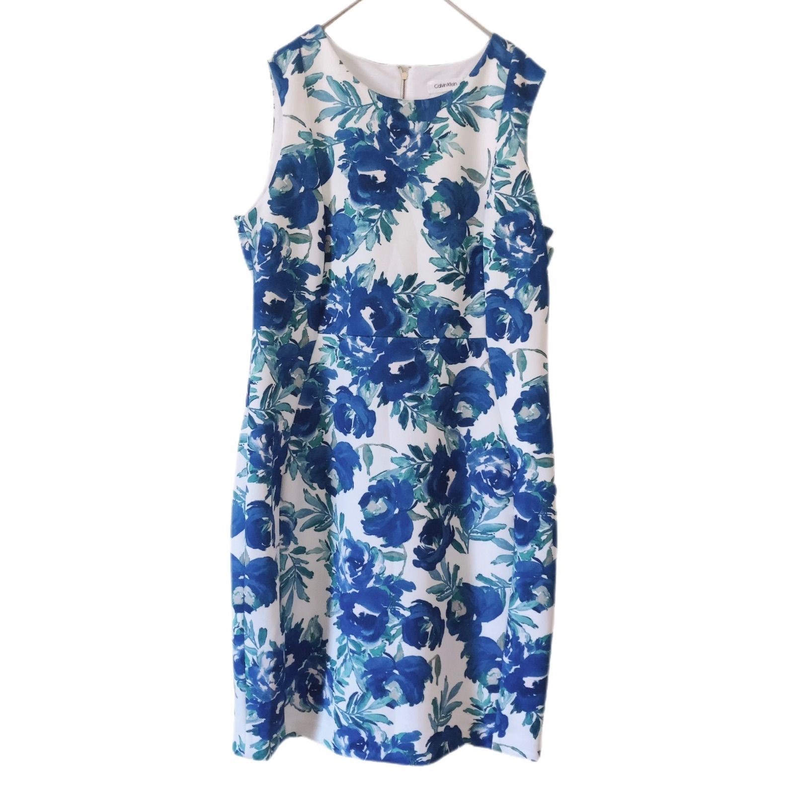 【希少】極美品✨カルバンクライン ドレスワンピース 花柄 大きいサイズ 白 青 z1401【極美品】Calvin Klein カルバンクライン ノースリーブ