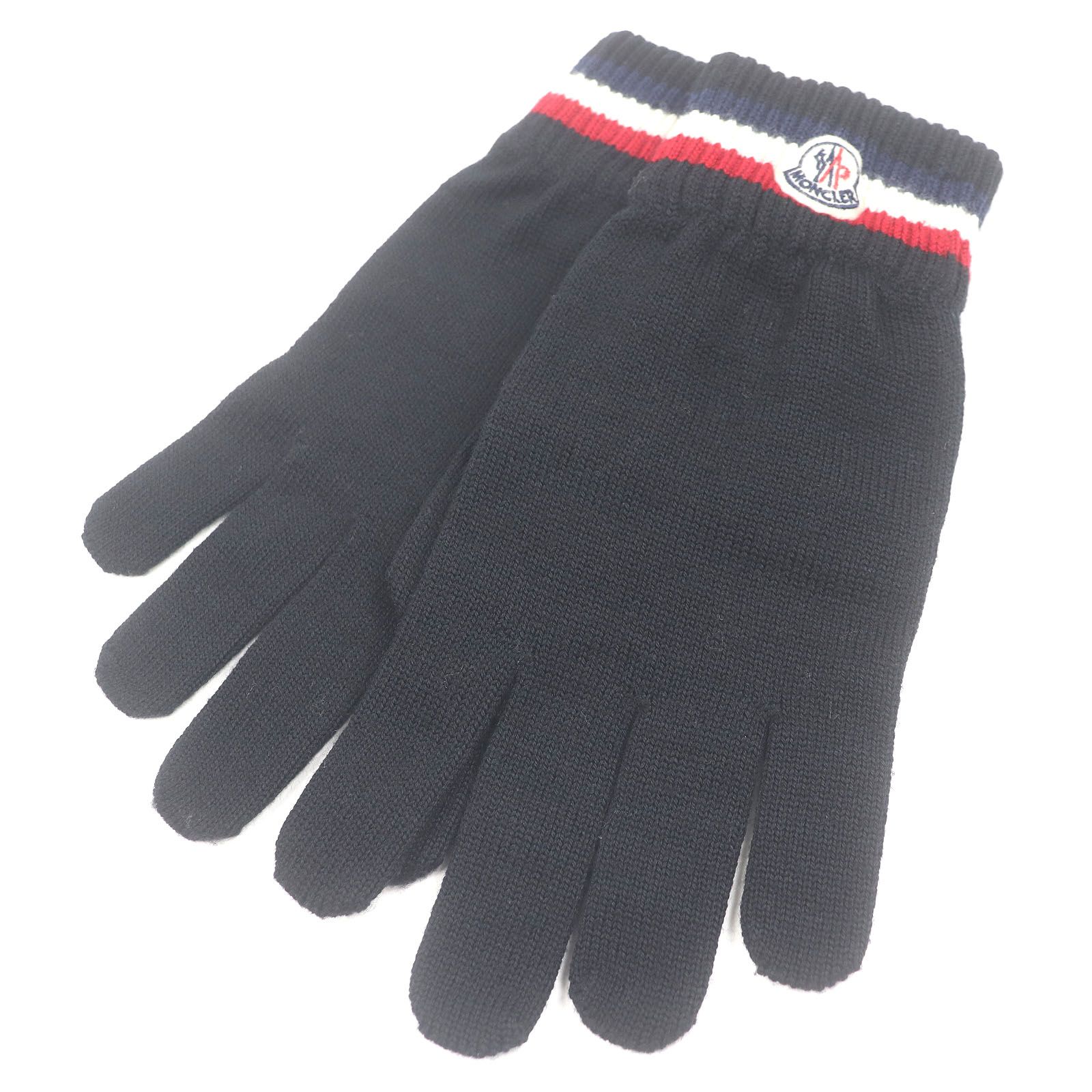 □MONCLER モンクレール GUANTI ウール100％ ロゴワッペン トリコロール ニットグローブ 手袋 ブラック L イタリア製 メンズ